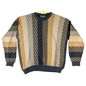 Tundra Striped 3D Knit Grandpa Sweater Merino Wool Blend Pullover Crewneck Large